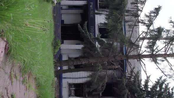 Vertical Video of a Burned Down Police Station in Ukraine During the War