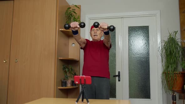 Retired Senior Man Doing Workout Training Fitness Sport Activity Exercises During Coronavirus