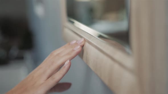 Bathroom Interior Woman Touch Mirror New Furniture Close Up