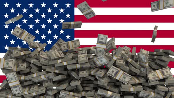 US Dollars falling in front of flag of United States Of America