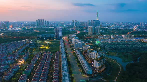 Aerial Hyper Lapse of Sunset Downtown Sai Gon - Ho Chi Minh city, Viet Nam