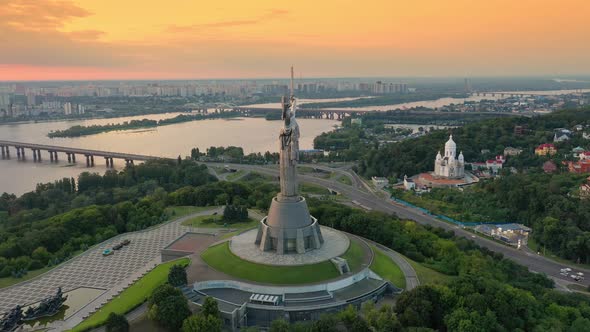 Drone Footage Aerial View of the Motherland Monument in Kiev Kyiv, Ukraine