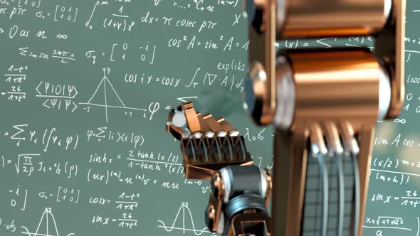 Futuristic robot writing on the green board complicated mathematical formulas.