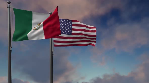 Mexico Flag Waving Along With The National Flag Of The USA - 4K