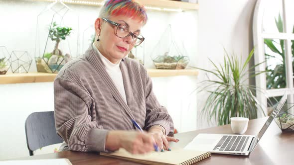 Serious Senior Business Lady Writing in Notebook