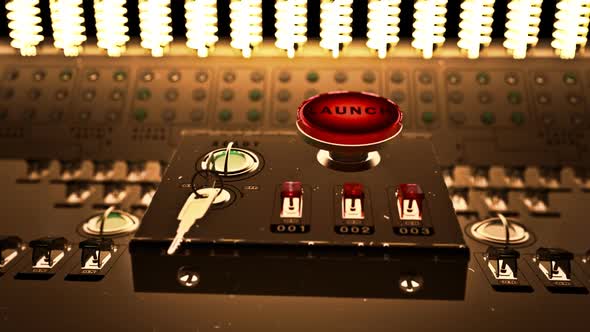 A retro launch control center with red 'Launch' button on the console.