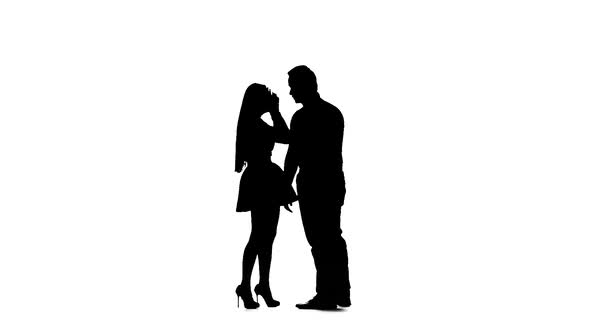 Husband and Wife Scold Themselves, He Screams, She Cries. Silhouette. White Background. Slow Motion