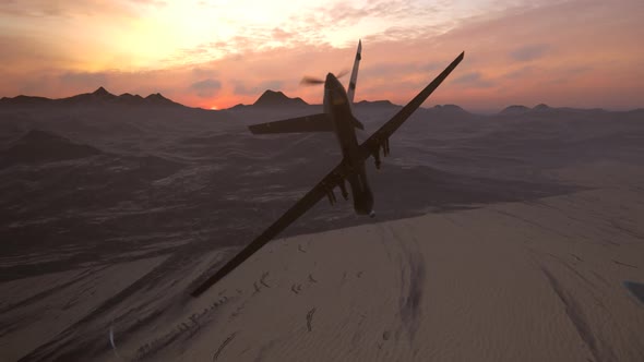 Military predator drone flying at sunset. Armed intelligent unmanned vehicle.