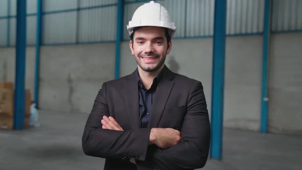 Portrait Confident Factory Manager Wearing Suit and Safety Helmet