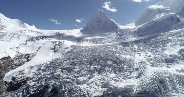 Aerial footage of drone flying over fossil glacier in tibet, China