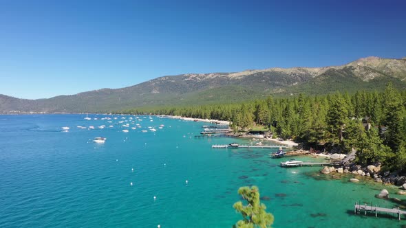 Aerial View Of Boats Near Shore Of Lake Tahoe, California, USA - drone shot