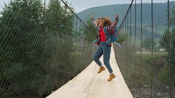 Happy Tourist Running Mountains River Bridge