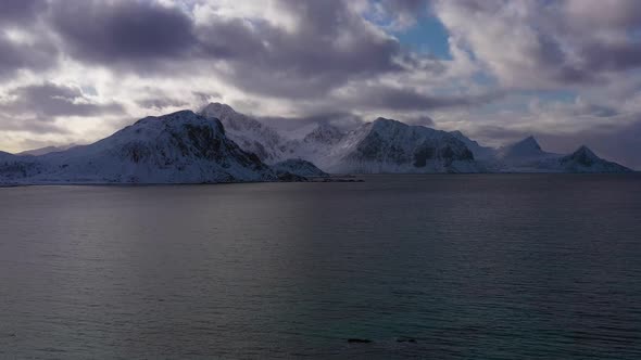 Mountains and Norwegian Sea. Lofoten Islands, Norway. Aerial View