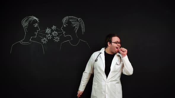 Professor Near Chalkboard Illustrates How Coronavirus Is Spreading From Coughing People