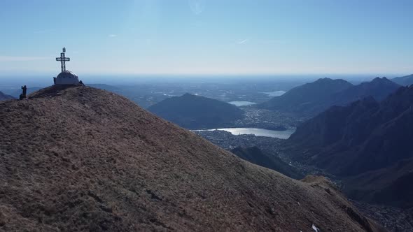 Aerial View of hikers in European Alps, Lecco, Italy