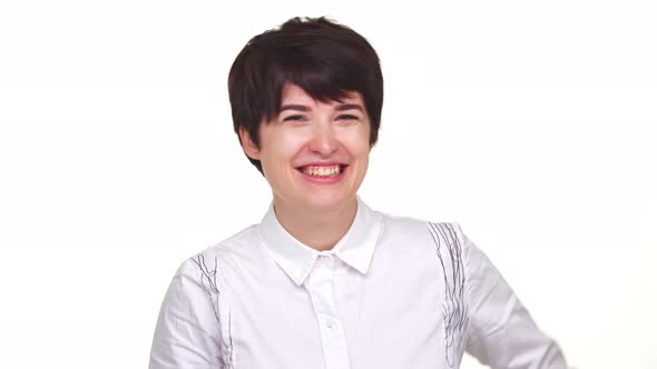 Caucasian Woman Laughing Isolated Over White Background Closeup