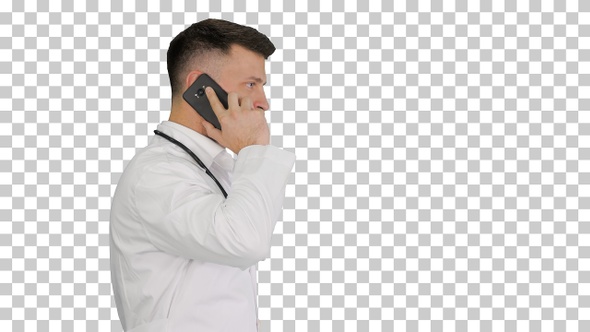 Medical doctor calling by phone walking, Alpha Channel