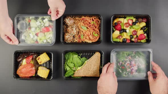 Closing Take Away Meals Top View Food Delivery in Closed Disposable Containers Balanced Nutrition