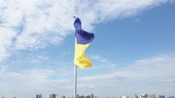 Kyiv - National Flag of Ukraine By Day. Aerial View. Kiev. Slow Motion