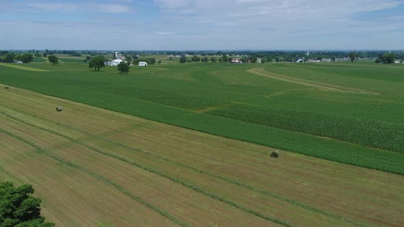 Aerial View of an Amish Farmer Harvesting His Crop with 4 Horses and Modern Equipment