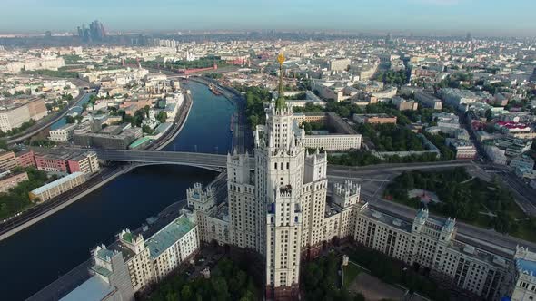 Famous Skyscraper with a Star on the Embankment of the Moskva River View of the Historical Part of