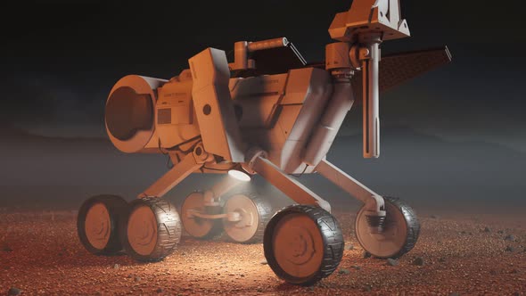 Planetary rover collecting soil samples. The solar power robot testing on Mars