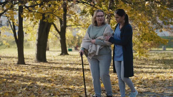 Young female nurse helping senior woman walking in park. Shot with RED helium camera in 8K