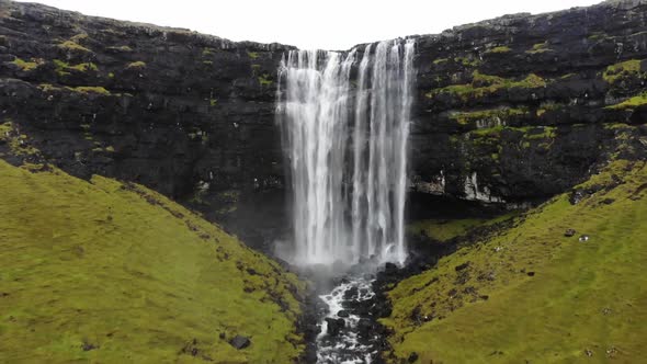 Aerial view of the Fossa Waterfall, Faroe Island.
