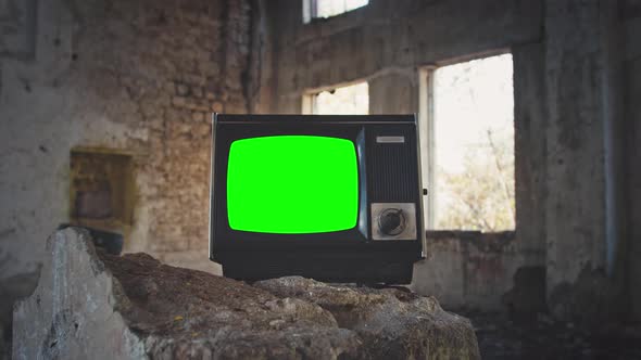 Vintage Tv Television Green Screen. Zooming Into Green Screen of an Old Television Vintage Style 