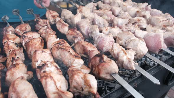 Shish Kebab is Grilled on Skewers on the Open Barbecue at the Food Court