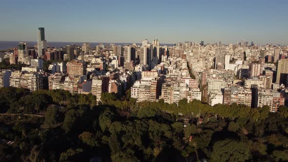 Buildings of Buenos Aires city. Aerial drone panoramic view. Sky for copy space