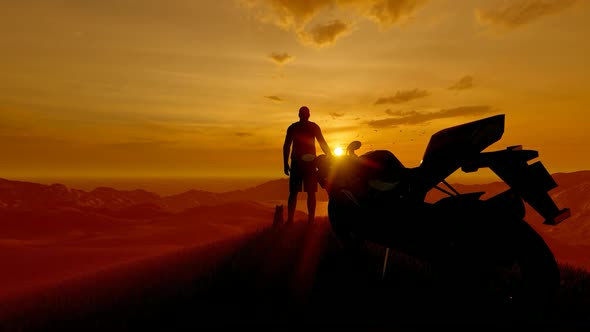 Young Man and His Cat Watching Sunset on Mountain Top with Motorcycle