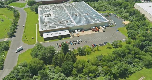 Aerial panoramic view on solar panels on absorb sunlight sustainable energy of building