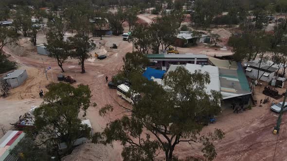 Panning aerial view of a small mining town in the opal capital of the world Lightning Ridge New Sout