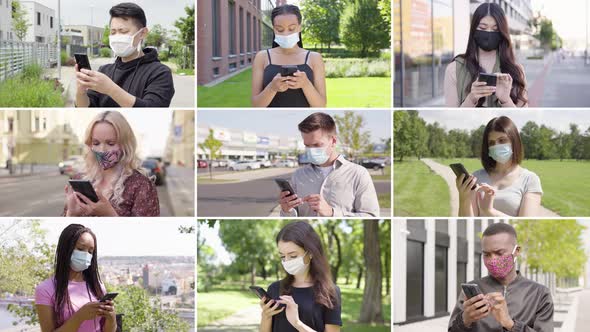 Compilation  Group of Nine Multicultural People with Face Mask Works on Smartphones
