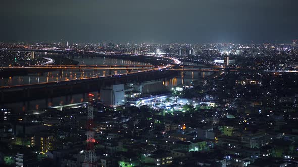 Tokyo city and traffic at night, view from Tower Hall Funabori observatory deck