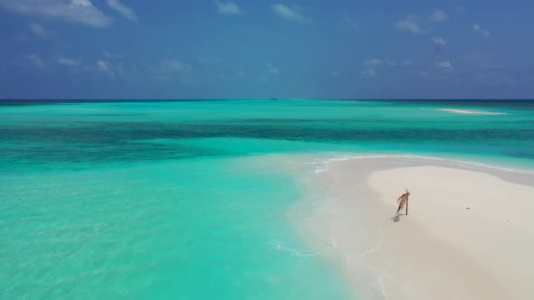 Aerial texture of luxury island beach trip by clear sea and white sandy background of adventure near