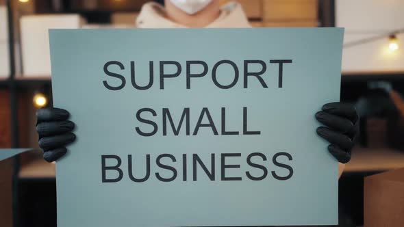 Man Hold Support Small Business Sign Help Cafe After Covid Owner of Shop Protest Against Quarantine