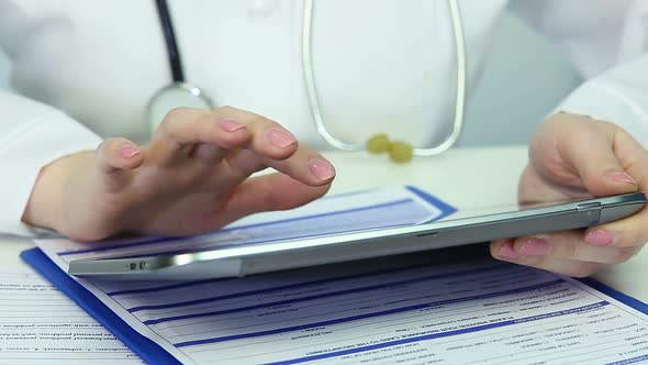 Female Hands Using Tablet PC, Doctor Working in Office, Sliding, Scrolling Pages