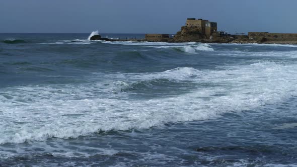 Panorama Of Caesarea And Waves In Israel.