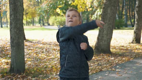 A Boy in the Autumn Colorfull Park Play With a Paper Plane. The Concept of a Happy Child. Happy Fami