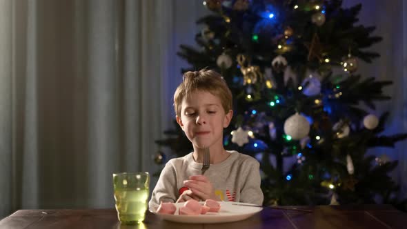 New Year, Funny Boy Sitting At The Table. He Eats The Sausage And Laughs With Pleasure