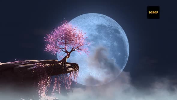 Sakura On The Cliff In Blue Moon Night Full Hd
