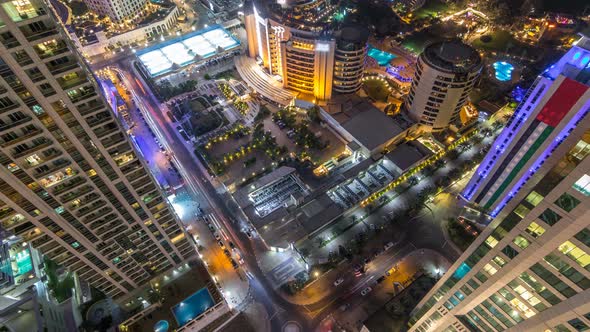 Aerial View of Modern Skyscrapers and Beach at Jumeirah Beach Residence JBR Night Timelapse in Dubai