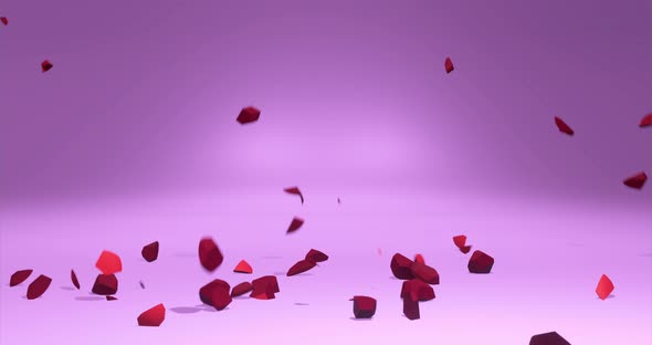 Red minimalistic heart exploding and breaking into pieces. Pink background. Symbol for lovesickness,