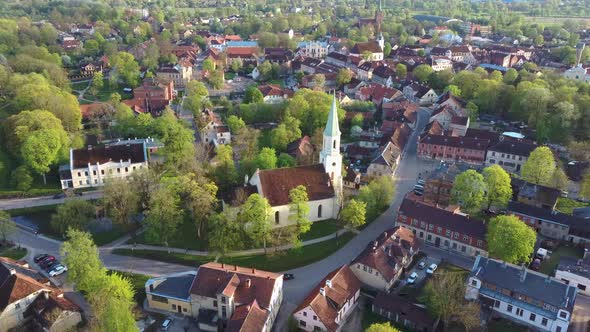 Aerial View of Kuldiga Old Town With Red Roof Tiles and Evangelical Lutheran Church of Saint Catheri