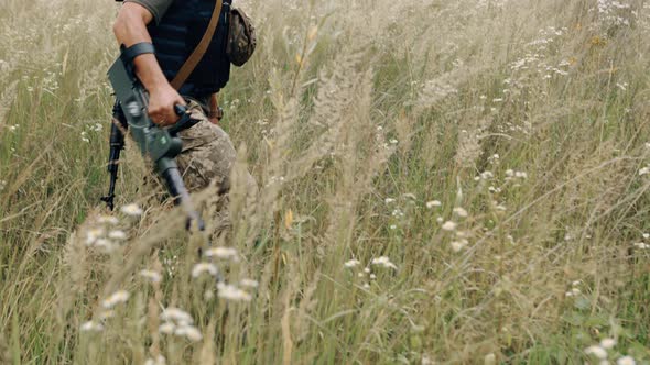 Using a Mine Detector Minesweeper Using a Mine Detonator Outdoors Soldier Removing Mines Sapper