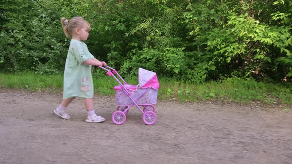 Little Girl Walking with Her Stroller Toy in Summer Park