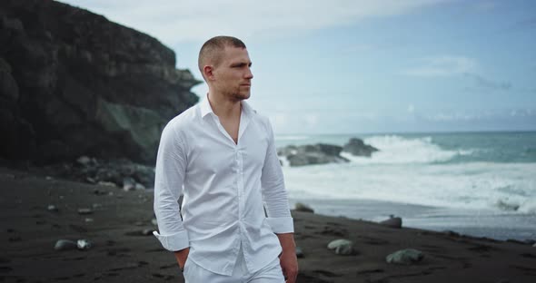 Good Looking Man in the White Clothes Walking