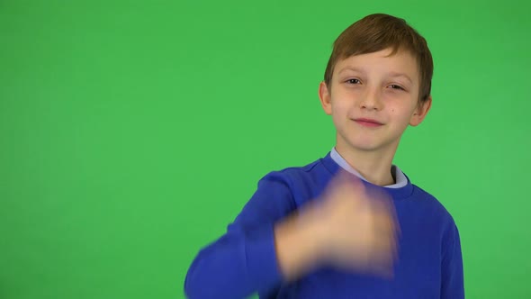 A Young Cute Boy Motions To the Camera in a Gesture of Invitation with a Smile - Green Screen Studio